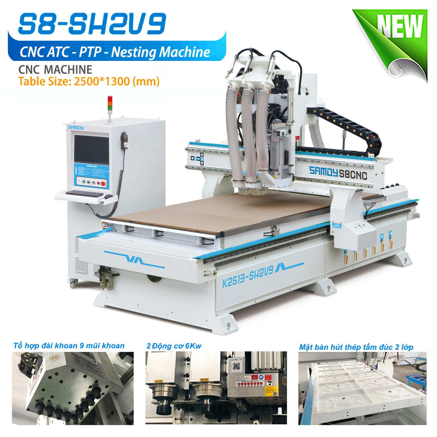 CNC Nesting S8 - SH2V9 gồm đài khoan 9 mũi kết hợp 2 đầu khoan độc lập, tốc độ cao, mặt bàn gia công 1300*2500